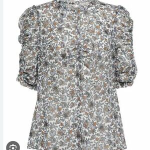 Veronica Beard Floral Print Silk Shirt with Ruffled Sleeves